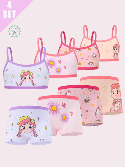4-Pack Girls' Training Bra and Panty Set - Breathable Everyday Comfort