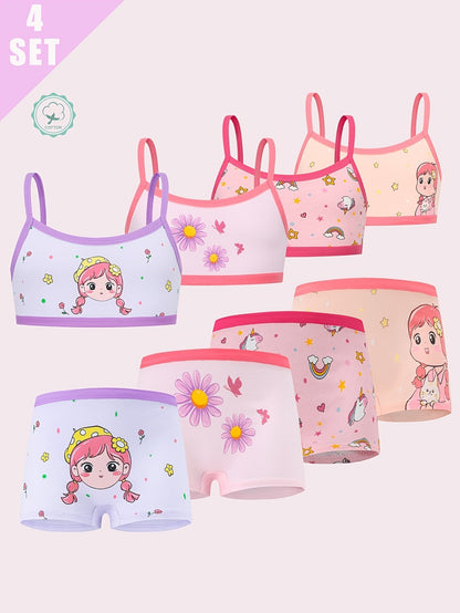 4-Pack Girls' Training Bra and Panty Set - Breathable Everyday Comfort
