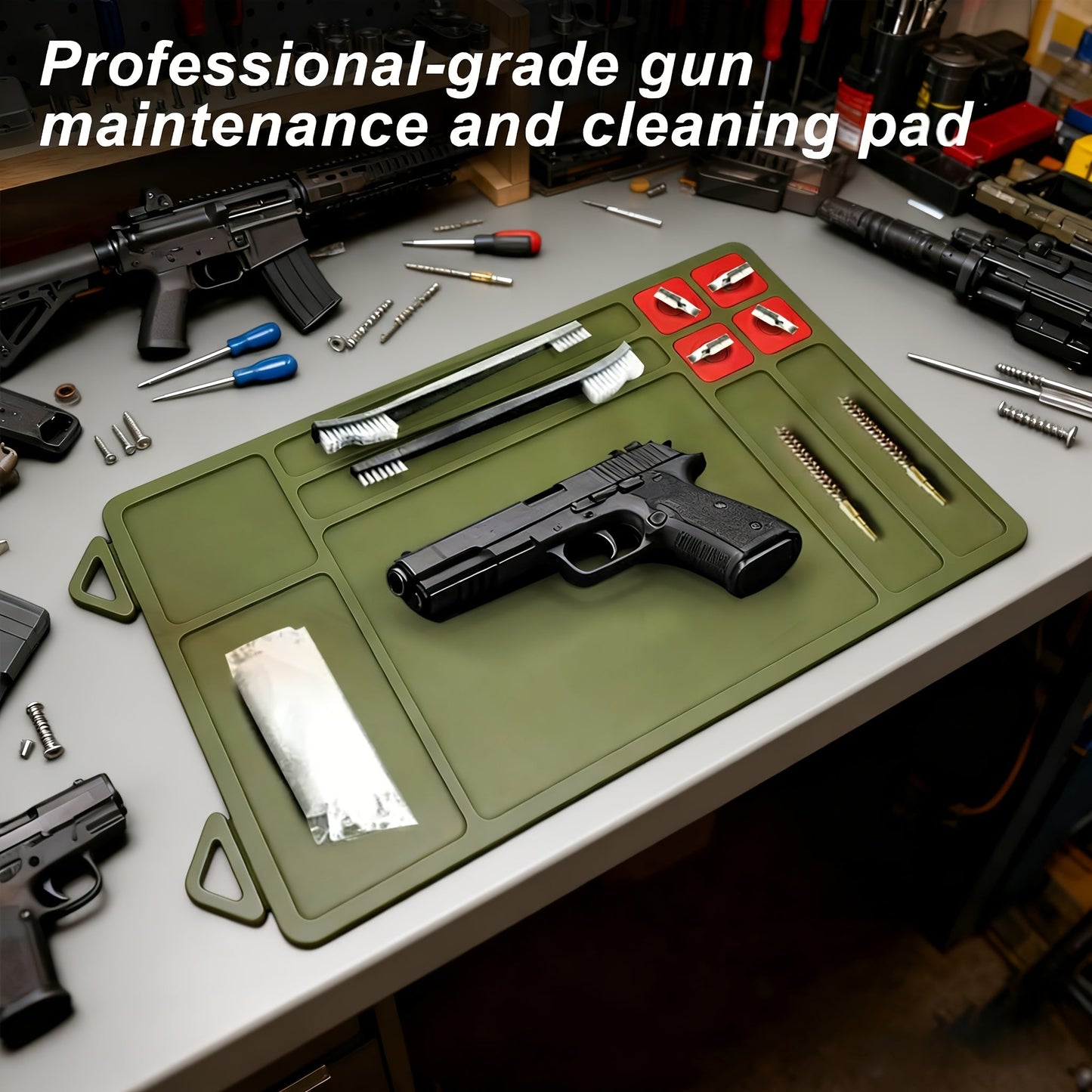 Gun Cleaning Mat with Magnetic Parts Tray – Heavy Duty Non-Slip Rubber Solvent-Resistant Pad for Pistol Rifle Handgun Maintenance, Easy-Clean Silicone Surface Gunsmith Work Mat