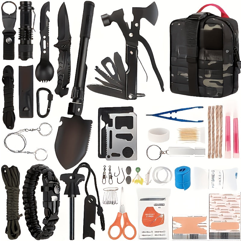 142-Piece Emergency Survival Kit with MOLLE System – Outdoor Gear Set with Axe, Folding Shovel, Knife & Lantern for Camping, Hiking, Hunting & Adventure