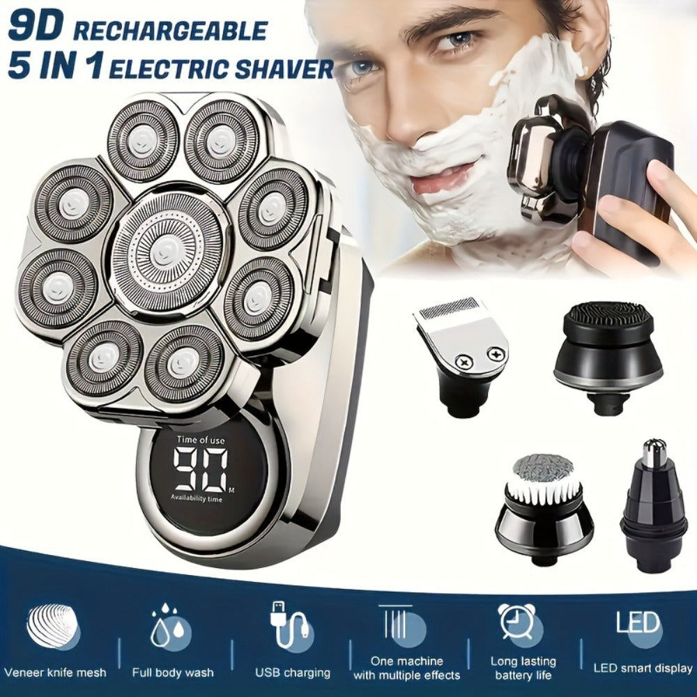 9D Electric Head Shaver for Bald Men – 5-in-1 Cordless Rechargeable Bald Head Razor & Grooming Kit for Home and Travel