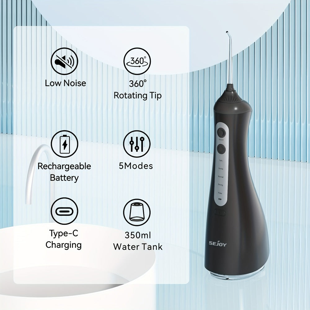 Cordless Water Flosser for Braces & Gum Care – Portable Oral Irrigator 350ml Tank 5 Modes One-Touch IPX Waterproof USB Rechargeable Dental Water Pick for Travel Home