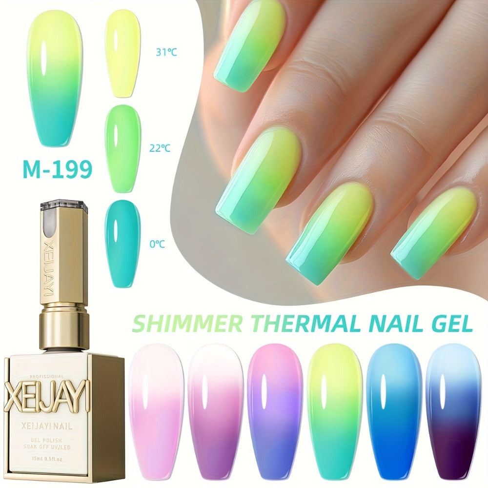 Thermal Gel Nail Polish Set 6 Colors – Heat Reactive Color Changing Glitter Gel Polish, Photo Frame Bottle, LED UV Cured, Glossy Shiny Finish, Spring Summer DIY Salon Manicure Gift for Women Girls