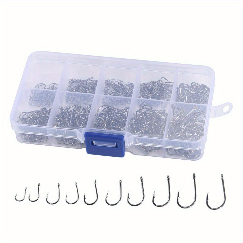 1000pcs Fishing Hooks Assorted Sizes #3-#12 Sharp Carbon Steel Fish Hooks Set with Portable Tackle Box for Sea Freshwater Bass Trout Carp Fishing Gear Kit Men Gift