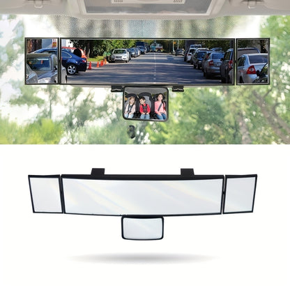 Interior Rearview Mirror 13 Inch – Quadruple-Fold Adjustable Wide Angle Car Mirror with 360° Swivel, Flat Lens, Enhanced Visibility for Safe Driving