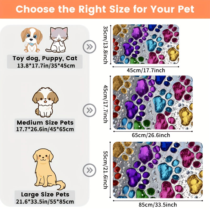 Pet Feeding Mat – Absorbent & Splash-Proof Dog & Cat Food Bowl Mat, Non-Slip Quick-Dry Heavy-Duty Floor Protector for Hardwood & Carpet, Colorful Paw Pattern, Ideal for Messy Eaters & Multi-Pet Homes | S M L XL