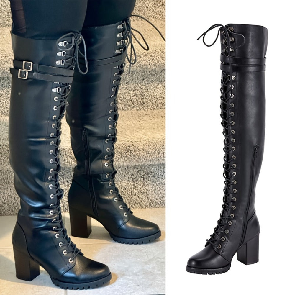 Women's Over-the-Knee Biker Boots, Faux Leather Thigh High Lace-Up Knee High Boots with Chunky Heel & Buckle, Sexy Round Toe Riding Boots in Black, US Sizes 6–10