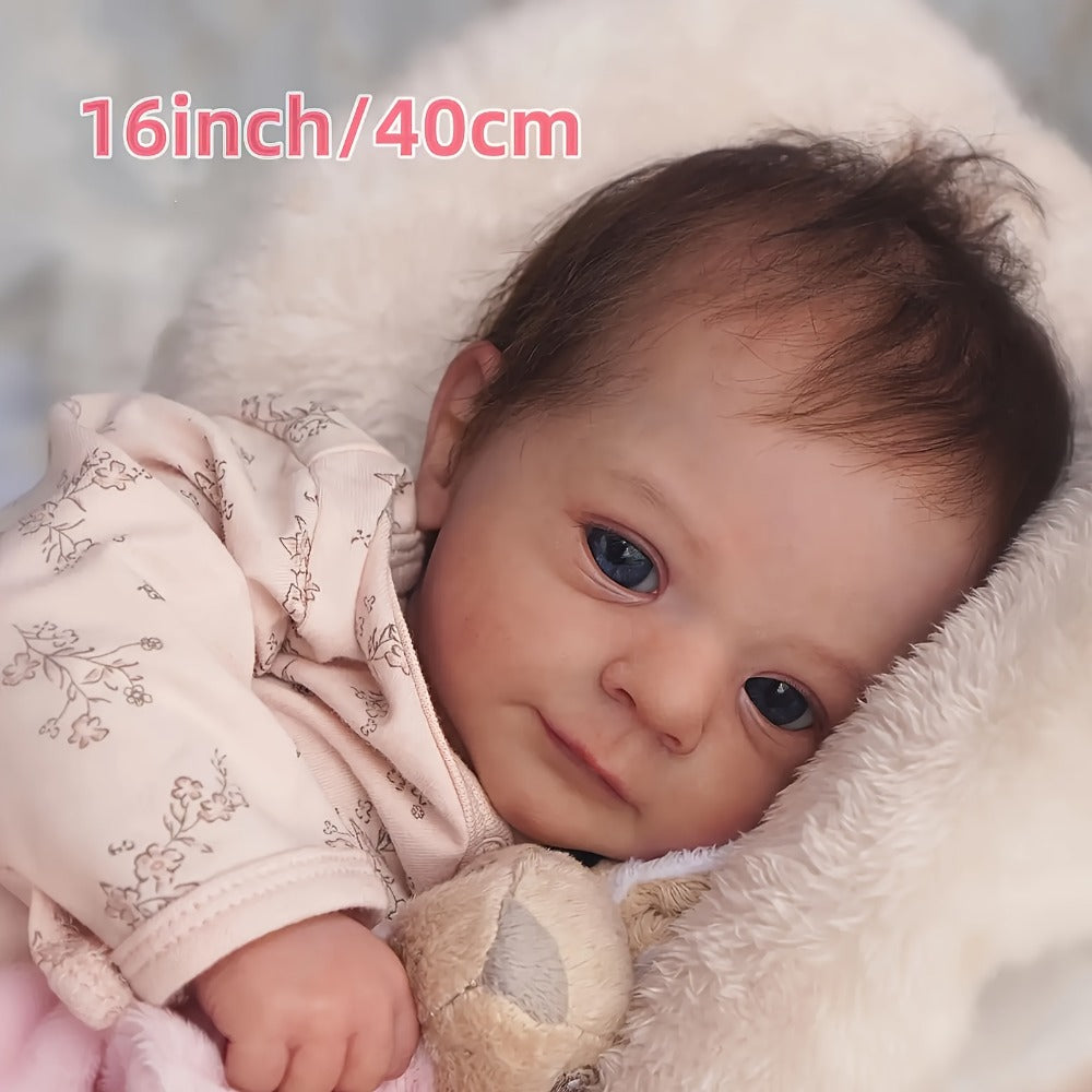 Pink Reborn Baby Doll 16 Inch 42CM Hand-Rooted Brown Hair Cloth Body – Hand-Painted Lifelike Newborn Girl Angie, Gift Set with Pacifier Feeding Container Birth Certificate for Kids Ages 3+ & Collectors