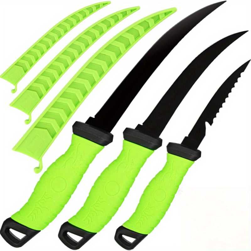 Stainless Steel Fishing Knife Set 3-Piece – 4.5 to 6.5 Inch Fish Fillet Knives for Camping, Fishing & Outdoor Use, Professional Fishing Tackle Tool Set, Ideal Fishing Gift for Men (Green)