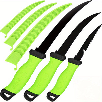 Stainless Steel Fishing Knife Set 3-Piece – 4.5 to 6.5 Inch Fish Fillet Knives for Camping, Fishing & Outdoor Use, Professional Fishing Tackle Tool Set, Ideal Fishing Gift for Men (Green)