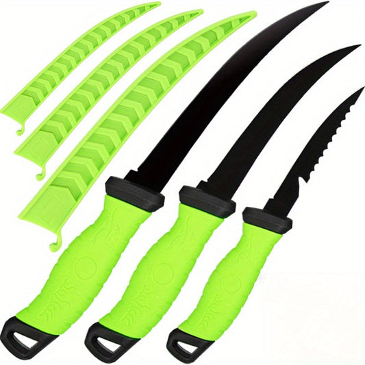 Stainless Steel Fishing Knife Set 3-Piece – 4.5 to 6.5 Inch Fish Fillet Knives for Camping, Fishing & Outdoor Use, Professional Fishing Tackle Tool Set, Ideal Fishing Gift for Men (Green)