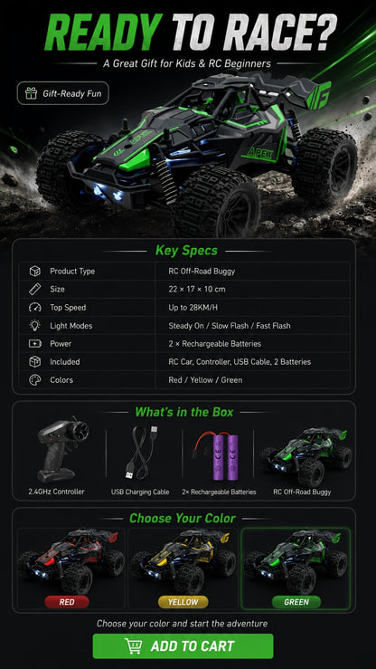 RC Monster Truck 1:20 Scale 4WD with LED Headlights – 2.4GHz All-Terrain Off-Road Remote Control Car, High-Speed Amateur RC Vehicle, Birthday Gift for Boys, Fast & Furious Green Yellow Red