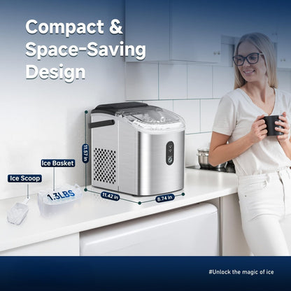 Portable Ice Maker Countertop – Bullet Ice Machine 26-29 Lbs Daily, 9 Ice Cubes in 6 Mins, Self-Cleaning, Quiet Under 45dB, with Handle, Basket & Scoop, for Home, Kitchen, Camping & RV