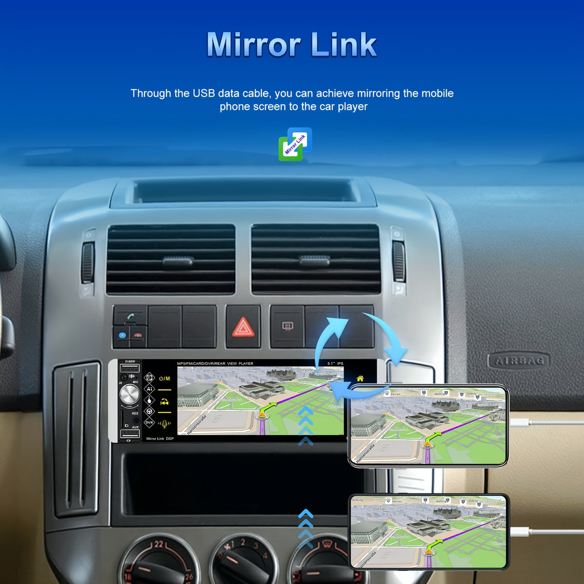 5.1 Inch Wireless Carplayer Car Stereo Single Din Touch Screen Car Radio with Wireless, Wireless Android Auto Mirror Link AM FM EQ SWC, Car Audio Receiver with USB/TF/AUX-in, Mic, Backup Cam