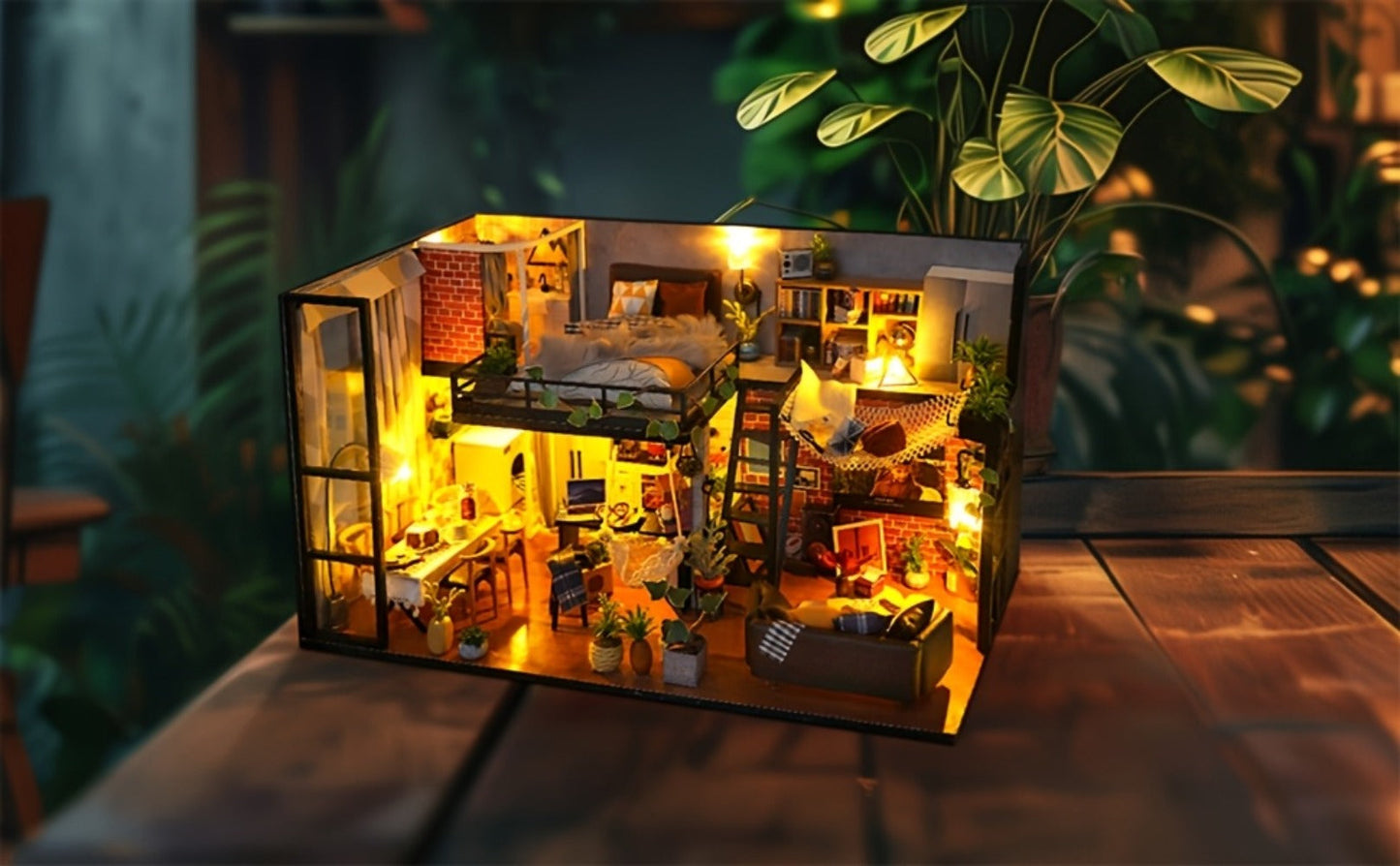Miniature Apartment Dollhouse Kit with Protective Cover Handmade 3D Puzzle DIY House Furniture Accessories Home Decor Gift for Adults Teens Birthday Christmas Anniversary
