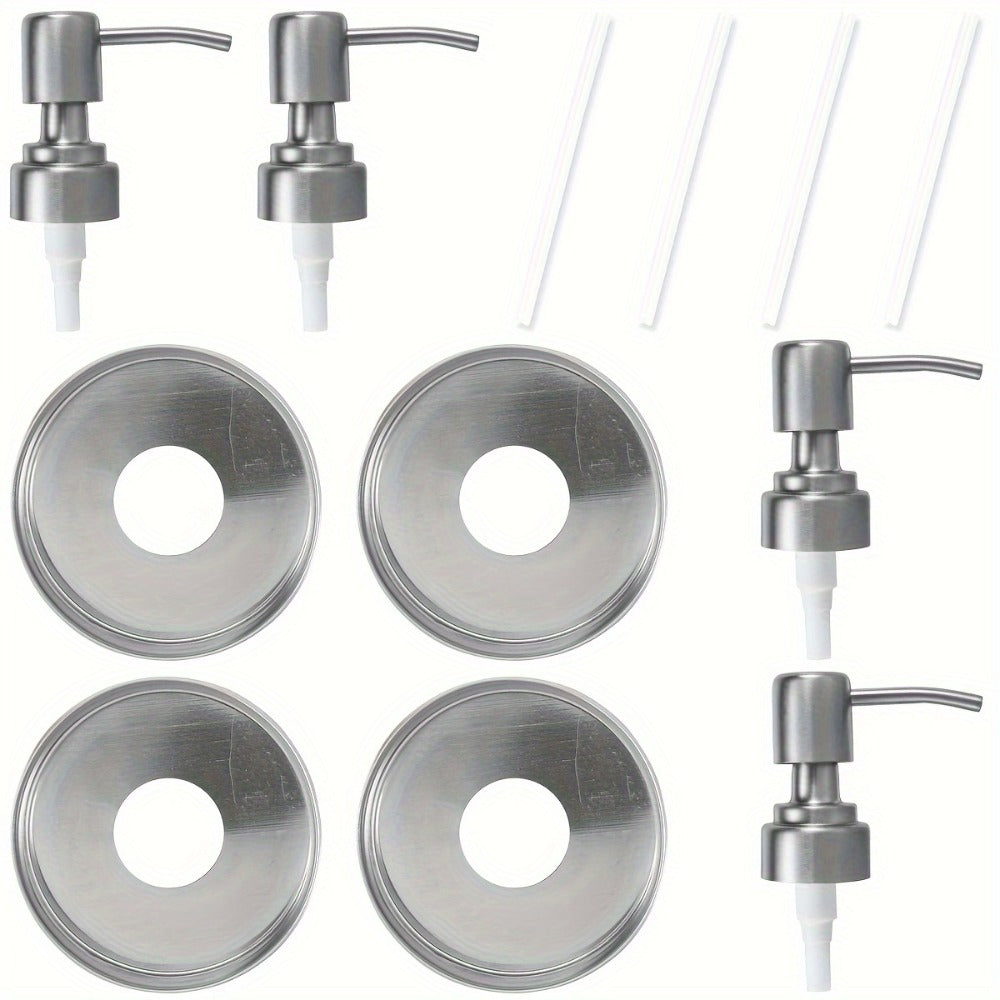 Mason Jar Soap Dispenser Pump Lids 4 Pack – 304 Stainless Steel Regular Mouth Mason Jar Pump Replacement, Leakproof Gasket, 3.9" Cuttable Tube, for Kitchen Bathroom Lotion Hand Soap Dish Soap