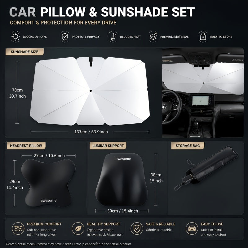 Premium Comfort Car Accessories, All-in-One Car Comfort Kit: Windshield Sun Shade + Memory Foam Neck Pillow & Lumbar CushionThis 2pcs Memory Foam Car Headrest And Lumbar Support Set Cools Down Your Car Interior, Eases Neck Tension And Delivers