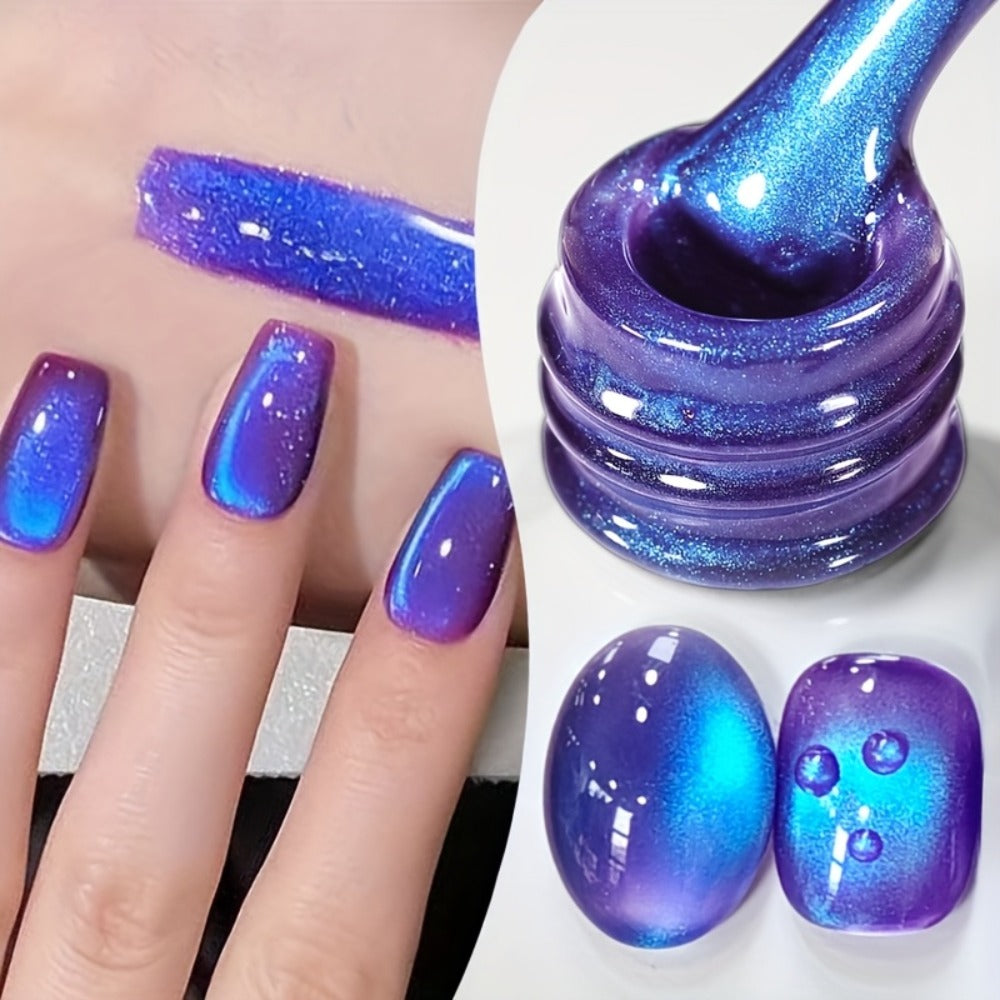 Cat Eye Magnetic Gel Nail Polish 10ml - Blueberry Glitter Purple Blue Glass Bead Sparkling Effect, UV LED Semi-Permanent Gel Varnish with Magnetic Stick, DIY Salon Nail Art