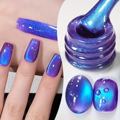 Cat Eye Magnetic Gel Nail Polish 10ml - Blueberry Glitter Purple Blue Glass Bead Sparkling Effect, UV LED Semi-Permanent Gel Varnish with Magnetic Stick, DIY Salon Nail Art