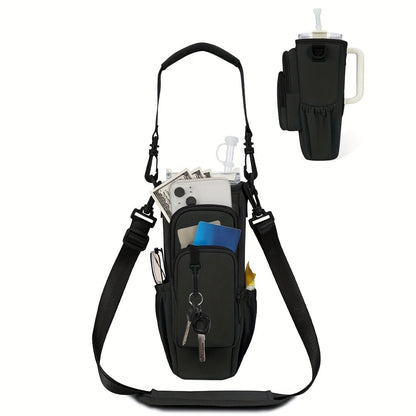 40oz Insulated Water Bottle Carrier Sling Bag with Straw Lid – Hands-Free Dog Walking Bag with Phone Pocket, Zippered Compartments & Adjustable Strap for Gym, Travel & Outdoor Activities, Hot/Cold Beverage Holder for Men & Women