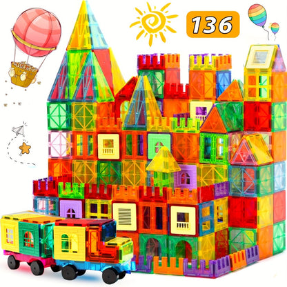 Magnetic Tiles for Kids 80/106/136pcs with 2 Cars – STEM Magnetic Building Blocks Construction Toy Set, Crystal Clear ABS, Sensory Learning Toy for Boys Girls Ages 3 4 5 6 7 8 9+, Birthday Christmas Gift