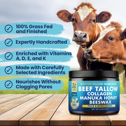 Whipped Beef Tallow Moisturizer - Organic Grass-Fed Face & Body Cream with Manuka Honey, Jojoba Oil, Collagen & Aloe Vera, All-in-One Natural Skincare for All Skin Types