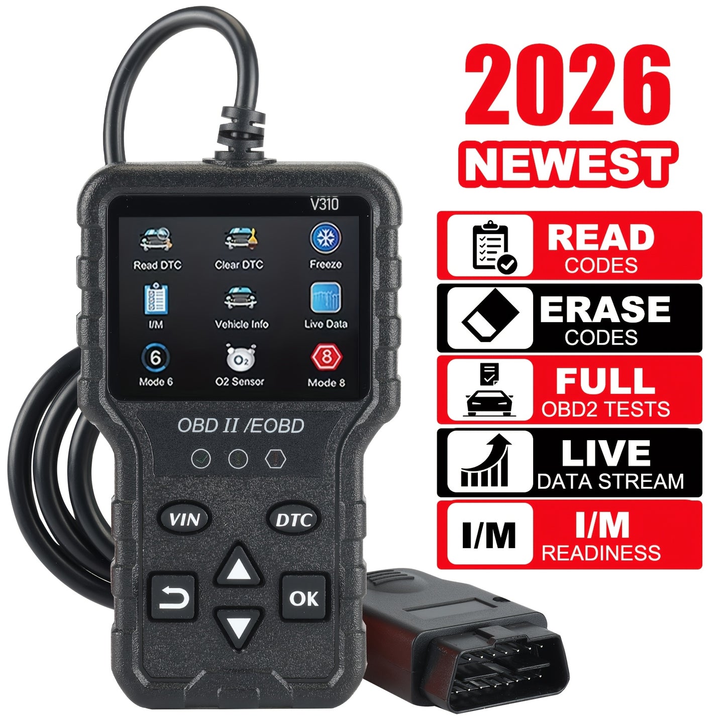 2025 Newest OBD2 Scanner Diagnostics Tool, Full OBD2 Functionality, Reset, Modes 6 & 8, Engine Code Reader for All OBDII/EOBD Vehicles Post-1996, 36V Max, USB Powered, No Battery Included