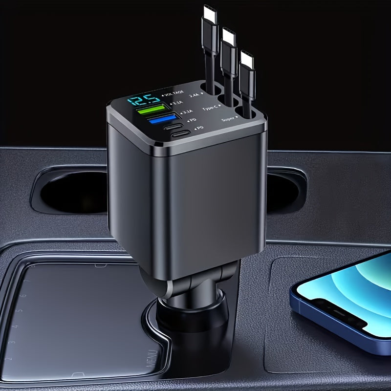 7-in-1 Car Fast Charging Mobile Phone Charger, Equipped With 3 Extendable Cables And Fast Charging Interface, Universal Plug, Easy To Operate, Supports 180 ° Free Adjustment Angle, And Is Equipped With LED Intelligent Digital Display Screen
