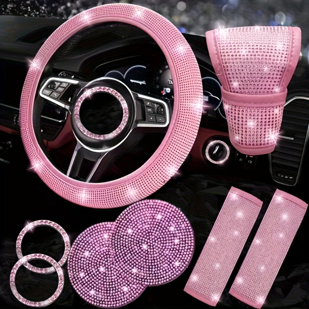 Rhinestone Car Accessories Set for Women 8 Pcs – Bling Steering Wheel Cover Cup Coasters Seat Belt Pads Shift Knob Cover Starter Rings – Multicolor Pink Purple