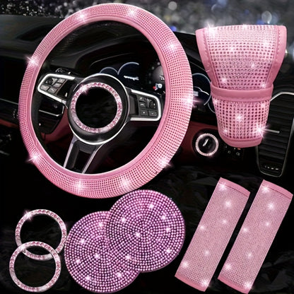 Rhinestone Car Accessories Set for Women 8 Pcs – Bling Steering Wheel Cover Cup Coasters Seat Belt Pads Shift Knob Cover Starter Rings – Multicolor Pink Purple