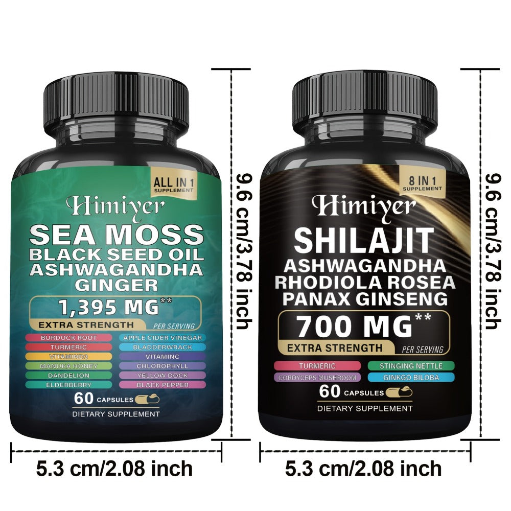 Sea Moss 7000mg & Shilajit Supplement Bundle — Black Seed Oil 4000mg, Ashwagandha 2000mg, Panax Ginseng 1500mg, Rhodiola Rosea | All-in-1 Daily Wellness Capsules