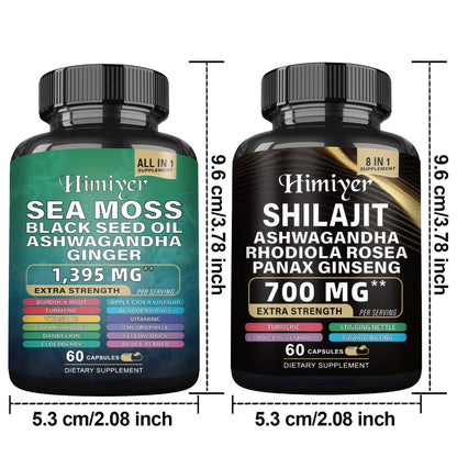Sea Moss 7000mg & Shilajit Supplement Bundle — Black Seed Oil 4000mg, Ashwagandha 2000mg, Panax Ginseng 1500mg, Rhodiola Rosea | All-in-1 Daily Wellness Capsules