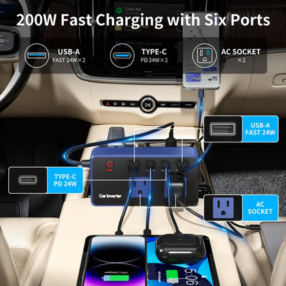 200W Car Power Inverter DC 12V to 110V AC with PD 24W USB-C Port, Dual USB & QC3.0 Fast Charging, Multi-Protection Car Charger Adapter for Vehicles Trucks RVs, Blue