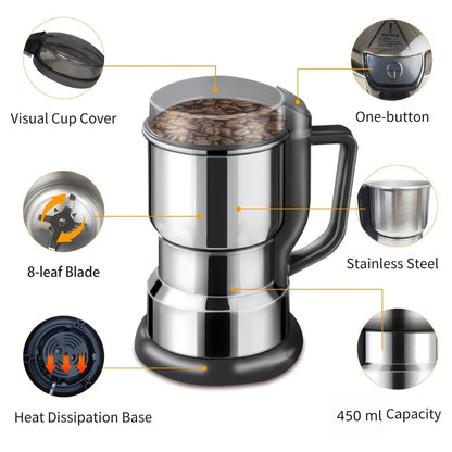 Electric Coffee Grinder 300W 25000RPM – 8-Blade Stainless Steel Spice & Grain Mill for Coffee Beans, Nuts, Spices | Home, Cafe & Camping
