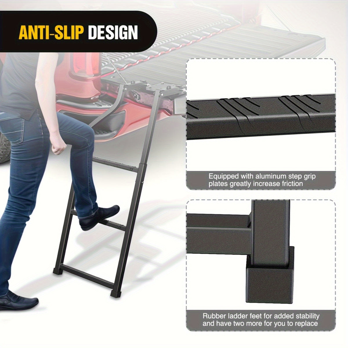 Universal Foldable Truck Tailgate Ladder For Pickup With Aluminum Step Grip Plates, Replaceable Rubber Ladder Feet & Stainless Steel Self Drilling Hex Screws For Easy Installation