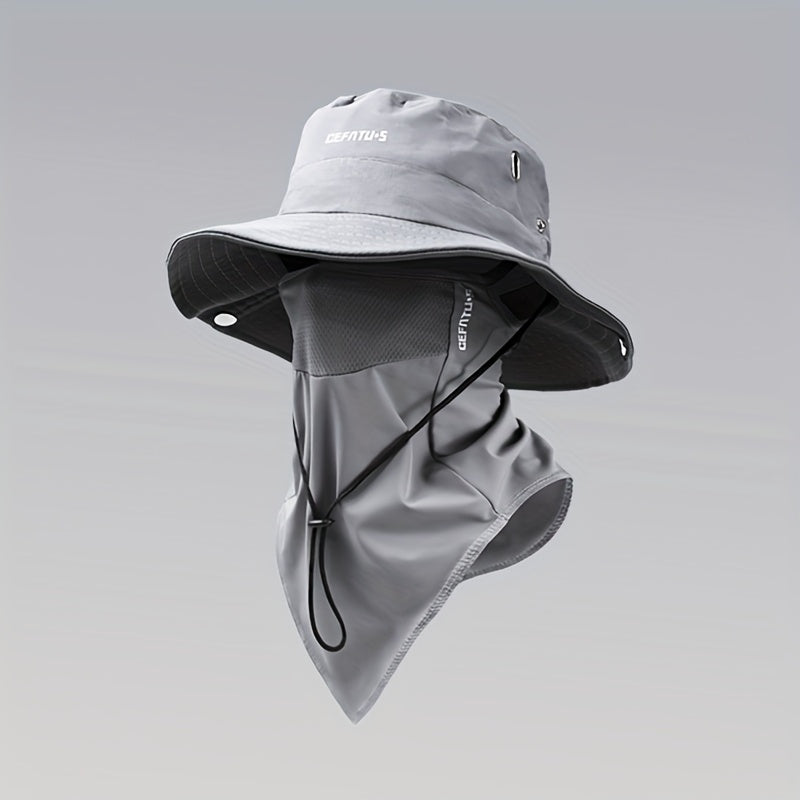 Wide Brim Sun Hat with Face Mask 2-Set UV Protection Foldable Fishing Hat, Breathable Drawstring Outdoor Cap for Beach, Fishing, Hiking & Outdoor Work, Unisex Men & Women, Black Gray Khaki