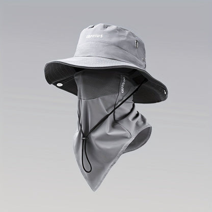 Wide Brim Sun Hat with Face Mask 2-Set UV Protection Foldable Fishing Hat, Breathable Drawstring Outdoor Cap for Beach, Fishing, Hiking & Outdoor Work, Unisex Men & Women, Black Gray Khaki