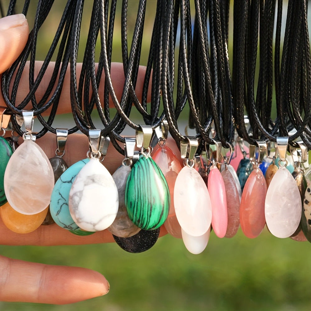 Crystal Pendant Necklace Set 40-Pack – Multicolor Water Droplet Artificial Crystal Pendants with Faux Leather Cord, Fashionable Chic Jewelry for Festival, Party & Everyday Wear, Gift Idea