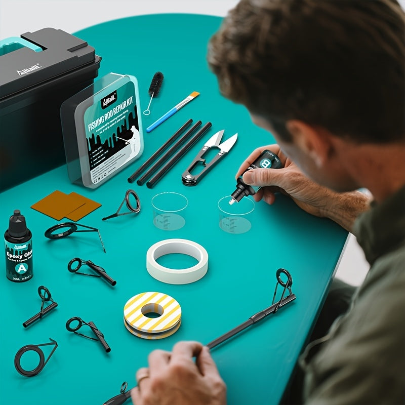 Fishing Rod Repair Kit with Top Rings Guides AB Epoxy Glue Winding Line Textured Paper Complete Rod Break Fix Set Iron Rod Guides Replacement Supplies FRT-02