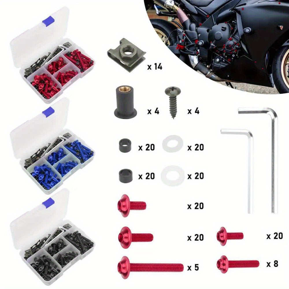 Motorcycle Fairing Bolt Kit 177-Piece CNC Anodized Aluminum Screws for Fairings Windshield Fuel Tank Body Panels - Universal Fit Red Blue Black