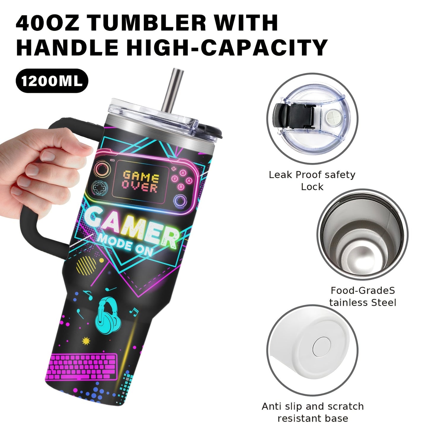 Gamer Tumbler 40oz with Lid & Straw - Insulated Gaming Cup Gift for Men, Boys & Teen Gamers - Double Wall Vacuum Tumbler for Hot & Cold Drinks, Cool Gaming Birthday Gift