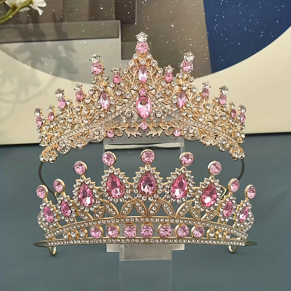 Princess Crown with Pink Gemstones 2pcs Set – Baroque Style Tiara Headwear for Girls Women Birthday Party Prom Dance Wedding Halloween Costume Accessory Dress Up
