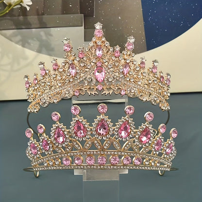 Princess Crown with Pink Gemstones 2pcs Set – Baroque Style Tiara Headwear for Girls Women Birthday Party Prom Dance Wedding Halloween Costume Accessory Dress Up