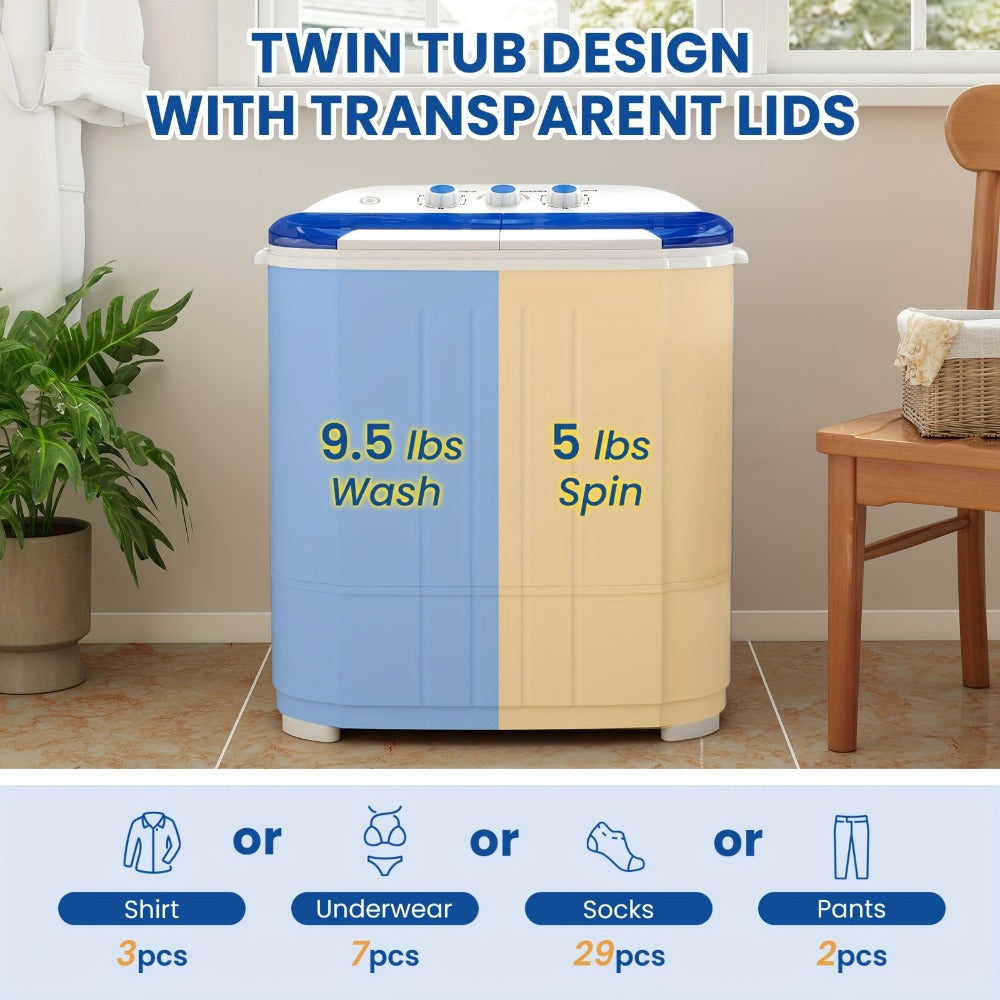 Portable Washing Machine 14.5Lbs Mini Twin Tub Washer Spin Dryer Combo Semi-Automatic 9.5Lbs Wash 5Lbs Spin Gravity Drain Time Control for Apartments Dorms RVs Camping