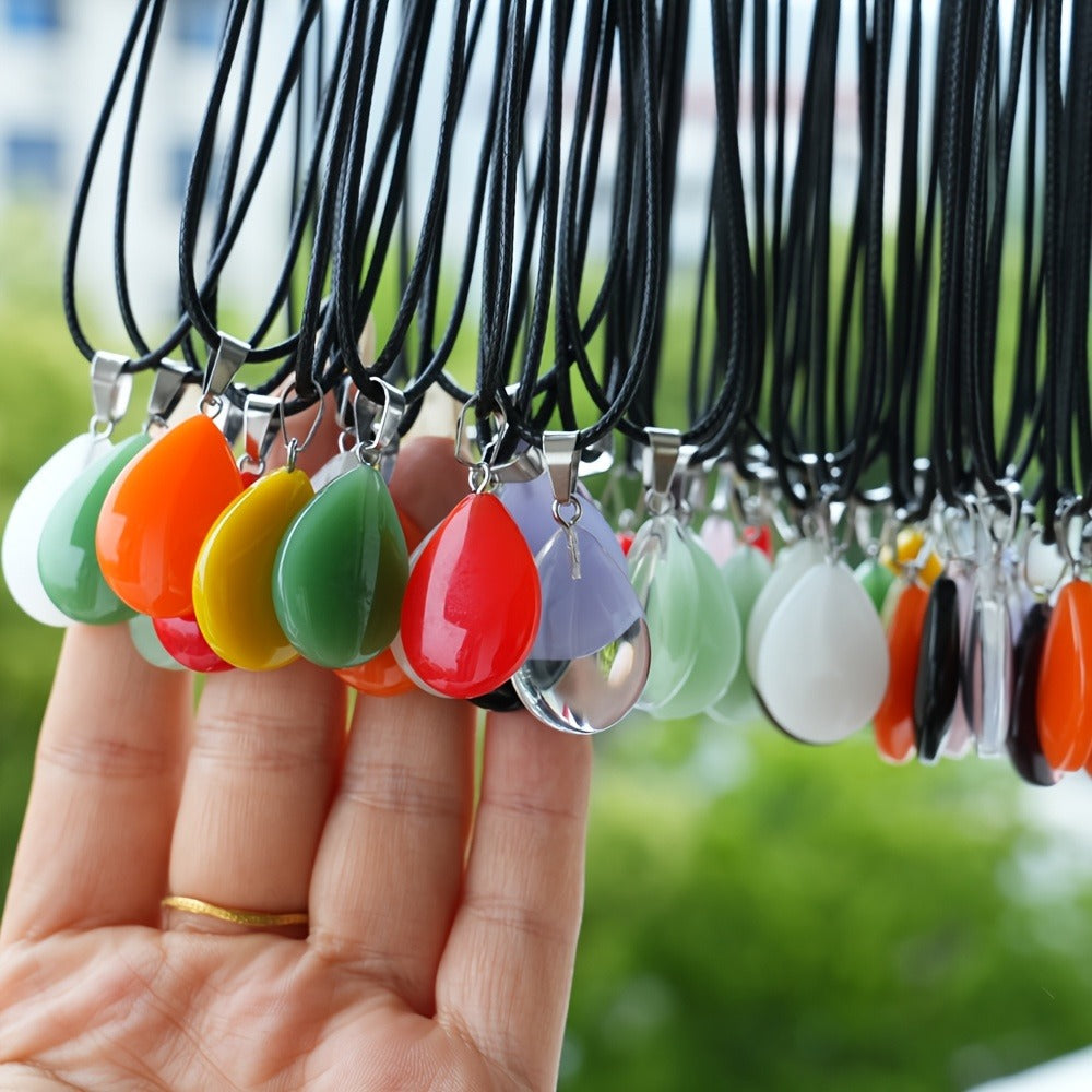 Crystal Pendant Necklace Set 40-Pack – Multicolor Water Droplet Artificial Crystal Pendants with Faux Leather Cord, Fashionable Chic Jewelry for Festival, Party & Everyday Wear, Gift Idea
