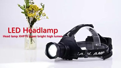 LED Headlamp 1700LM XHP-70 Aluminum Alloy with 6000mAh Rechargeable Battery – 3 Modes Adjustable Spotlight Floodlight Head Lamp for Camping Hiking Hunting Fishing Outdoor Adventure