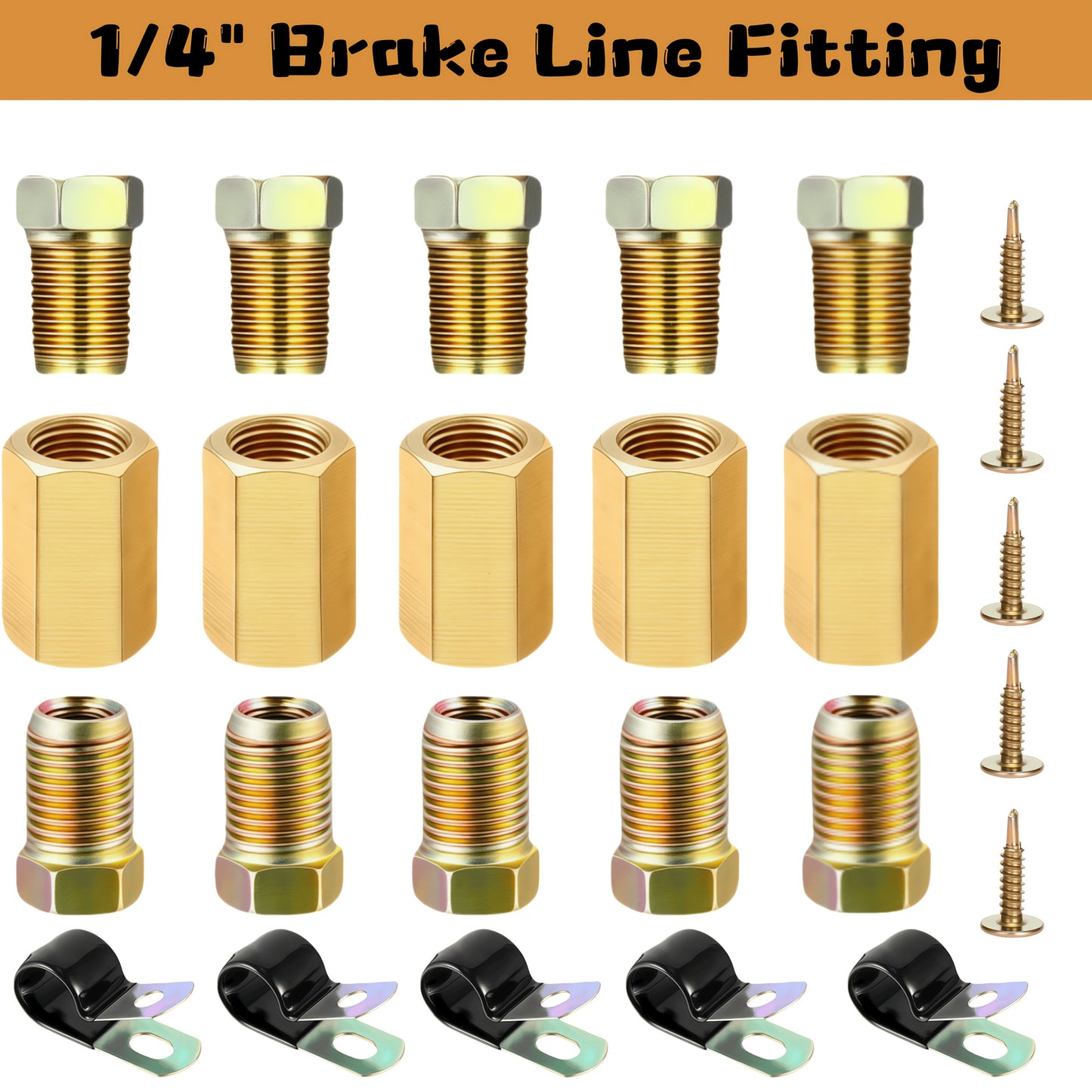 Brake Line Fittings Assortment Kit – 3/16", 1/4", 5/16" & 3/8" Tube Sizes, Inverted Flare Union Connectors, Multiple Thread Sizes, with Optional Hose Clamps for Automotive Brake Line Repair