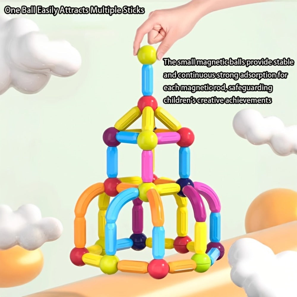 Magnetic Building Sticks Set 62 Pcs – 360° Rotating Oversized Magnetic Tiles Balls Educational 3D STEM Toy Kids Ages 3+ Build Castles Cars Shapes Birthday Christmas Gift