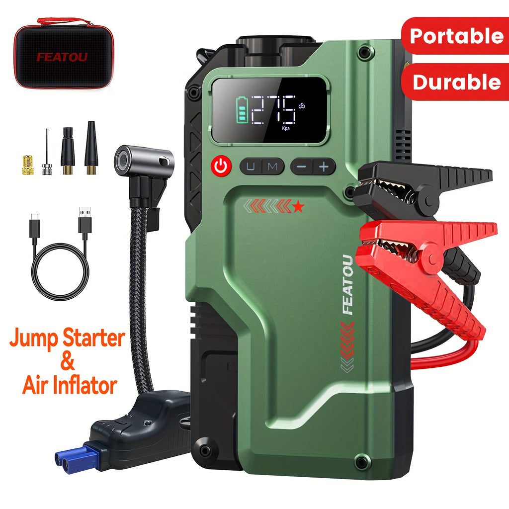Heavy Duty Jump Starter with Air Compressor 9in 1 Jump Starter, 9000A Heavy Duty Jump Starter (for 2.64gal GasOr 2.38gal Diese)Battery Charger with Intelligent Safety Jumper Cable, Start Power Supply with Air Compressor, 9000AOr8000A Is Optional