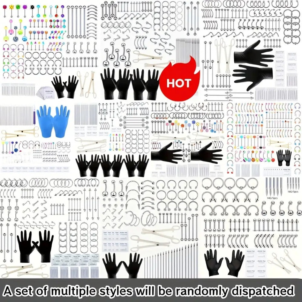 Piercing Kit Stainless Steel Random Set – Nose Bone Ear Tragus Lip Belly Button Eyebrow Piercing Needle Tools with Stainless Steel Jewelry, Trendy Body Piercing Accessories for Men and Women